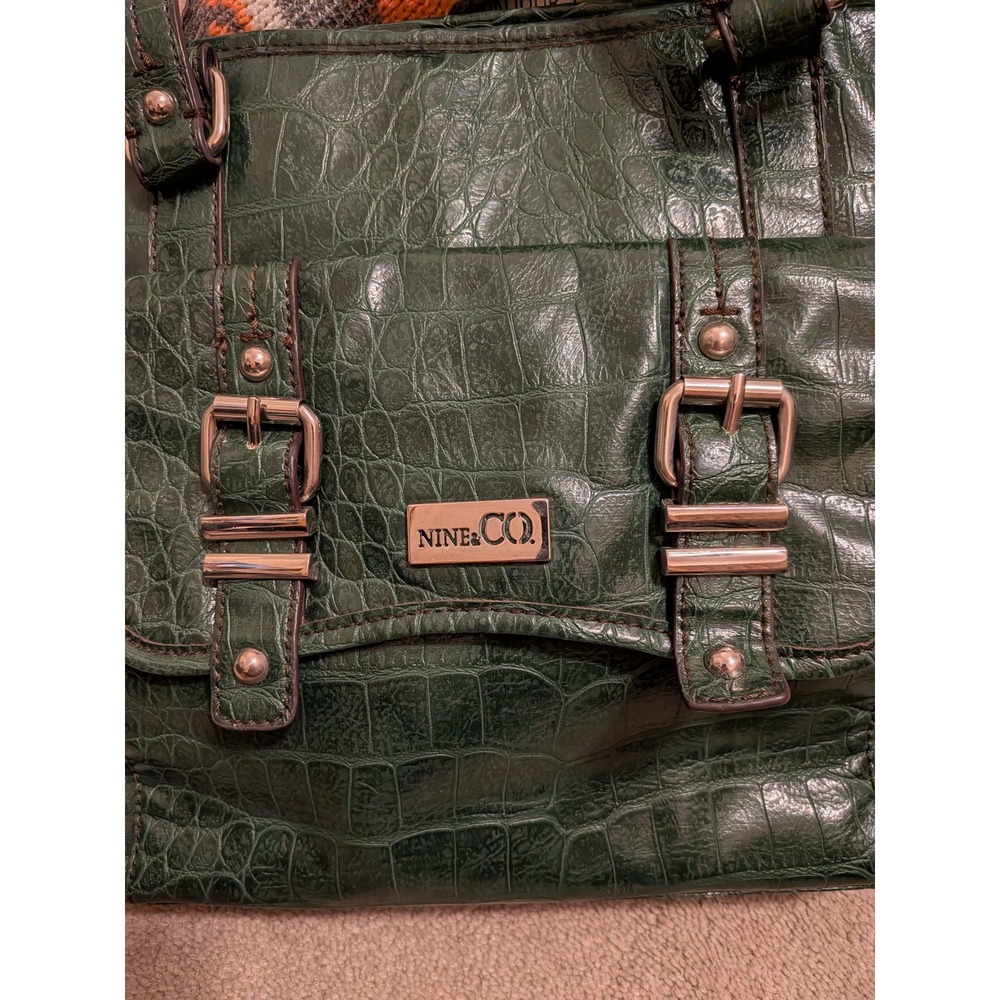 Nine & Co Dark Green Croc Embossed Tote Bag‎ Silver Buckle Accent Shoulder Bag